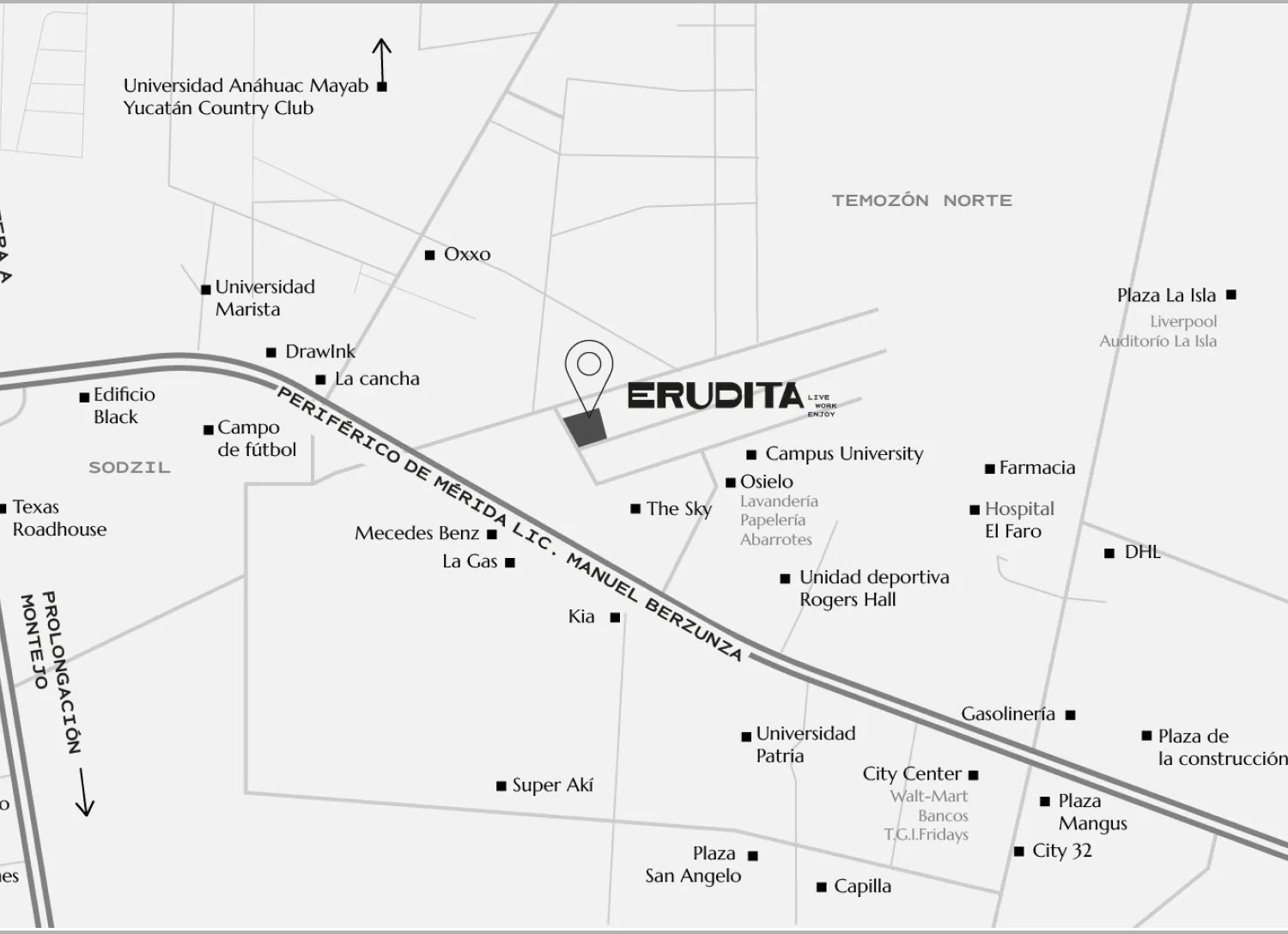 Mapa de ubicación de erudita, desarrollo inmobiliario en Mérida